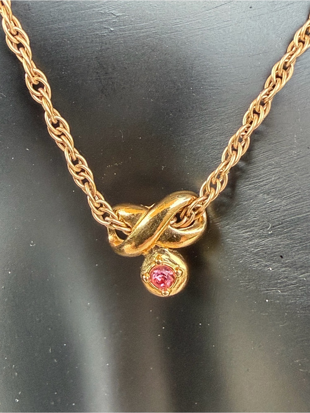 Gold Rope Chain Necklace with Pink Gem Pendant